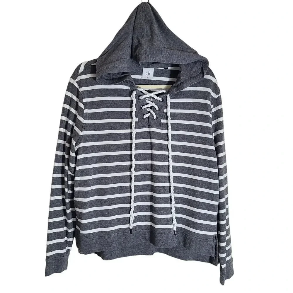 CAbi Size Medium Windward Striped Hooded Sweatshirt‎ Hoodie Gray White Nautical
